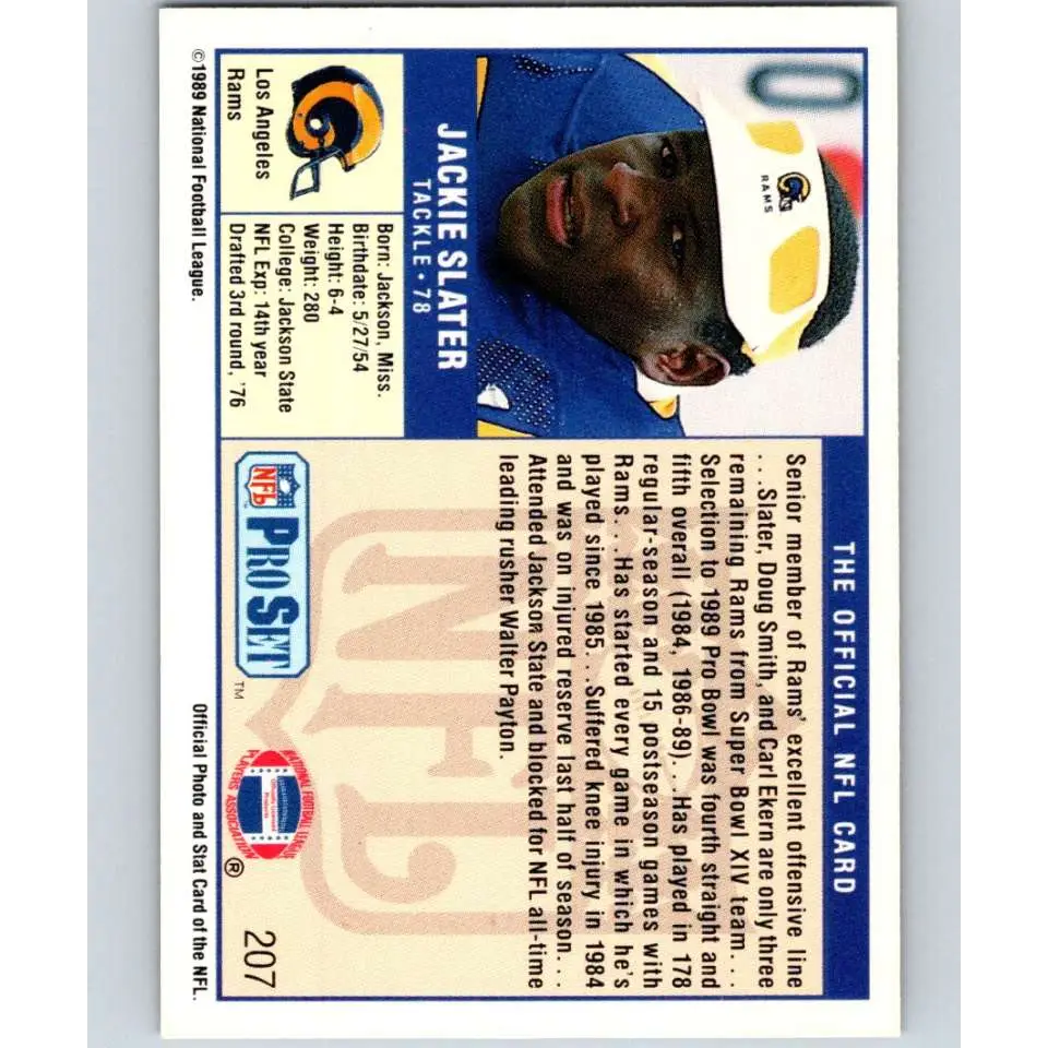 1989 Pro Set #207 Jackie Slater NM-MT Los Angeles Rams Football Card Image 2