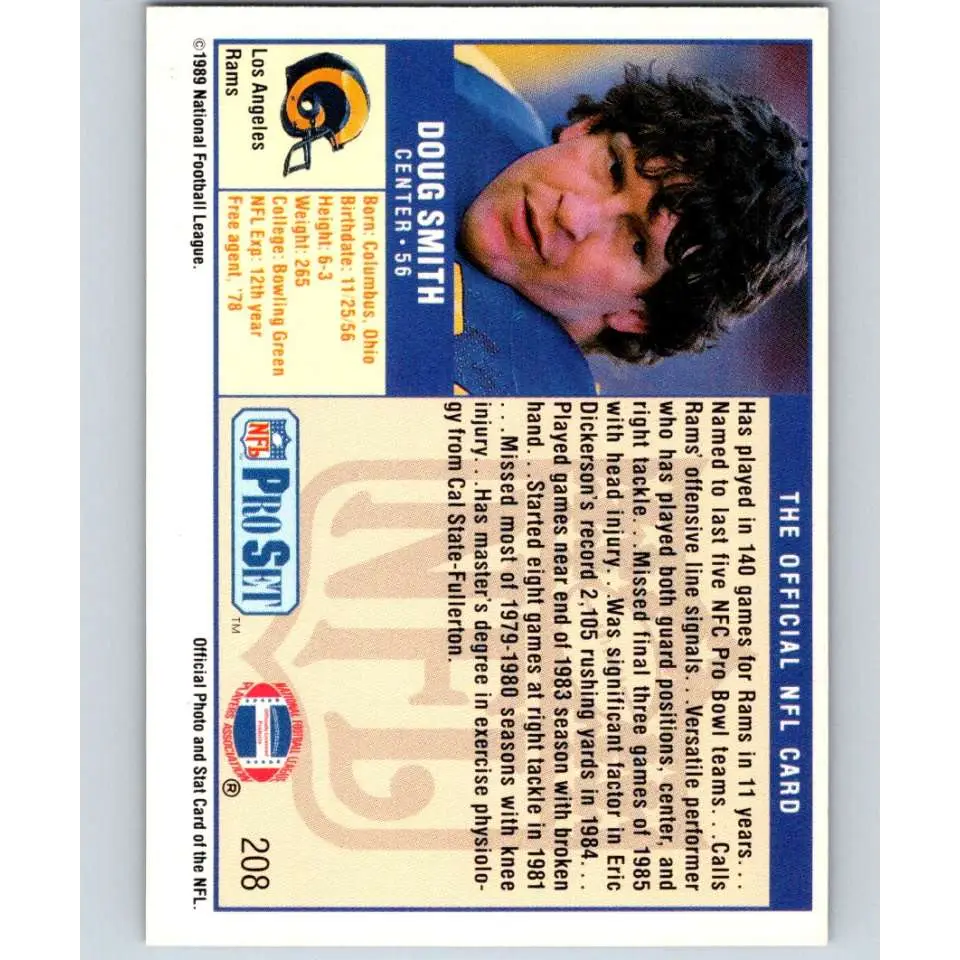 1989 Pro Set #208 Doug Smith NM-MT Los Angeles Rams Football Card Image 2
