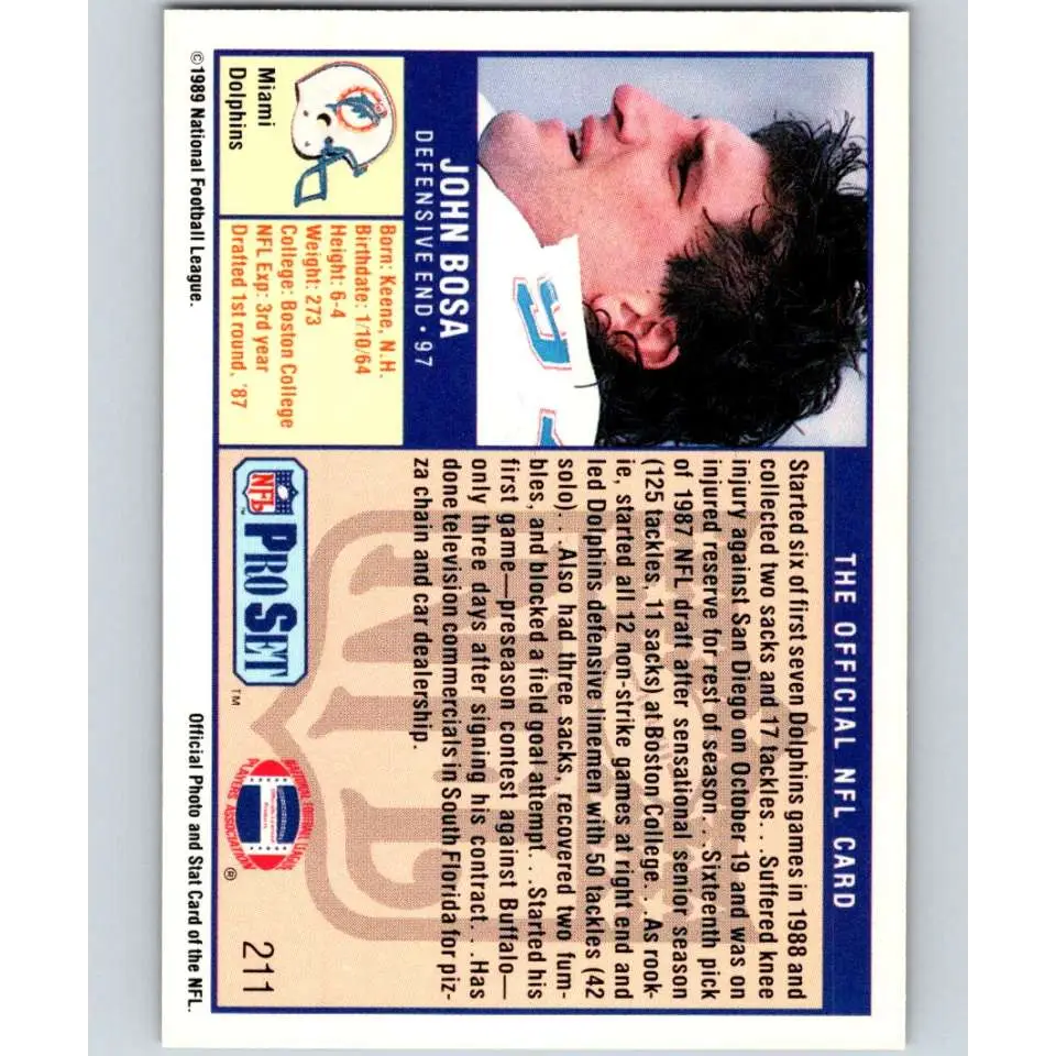 1989 Pro Set #211 John Bosa NM-MT Miami Dolphins Football Card Image 2