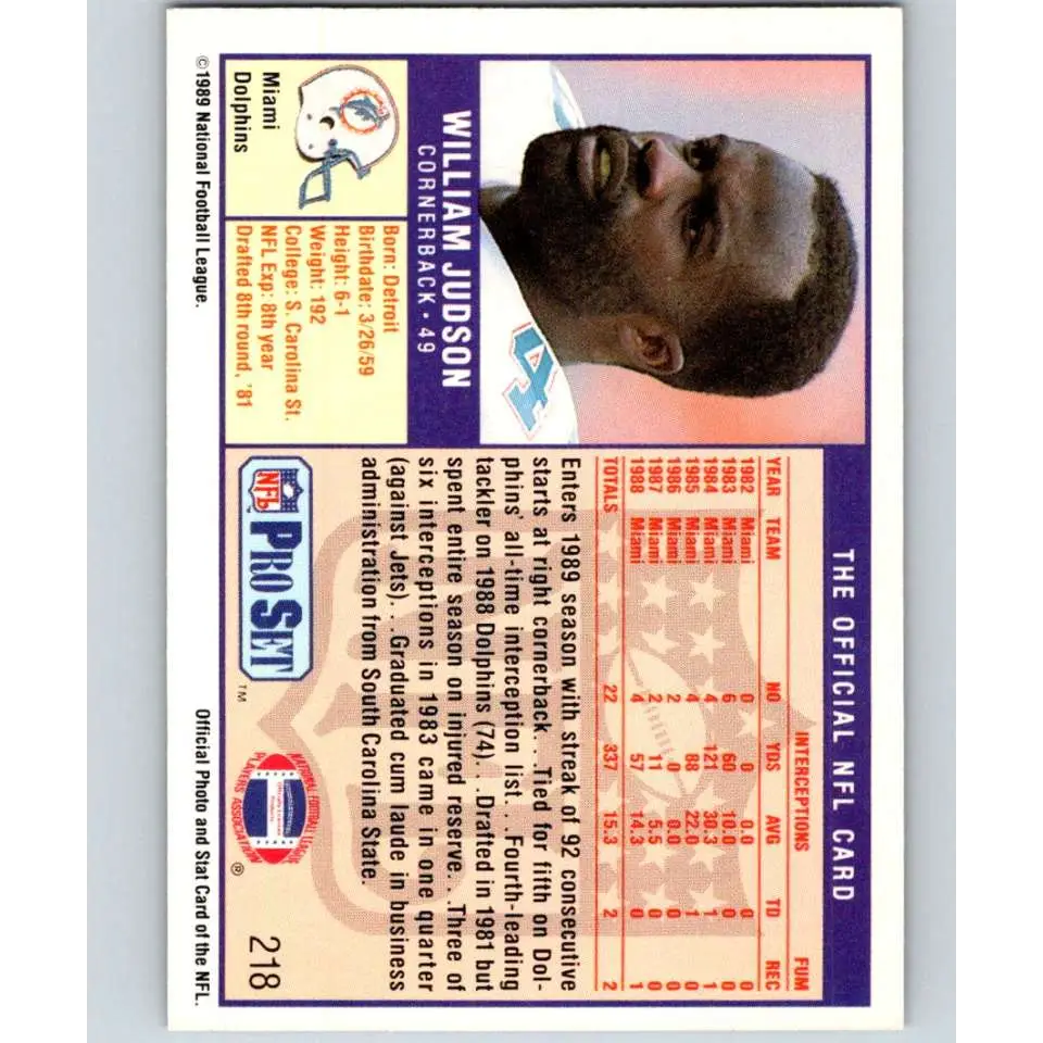 1989 Pro Set #218 William Judson NM-MT Miami Dolphins Football Card Image 2