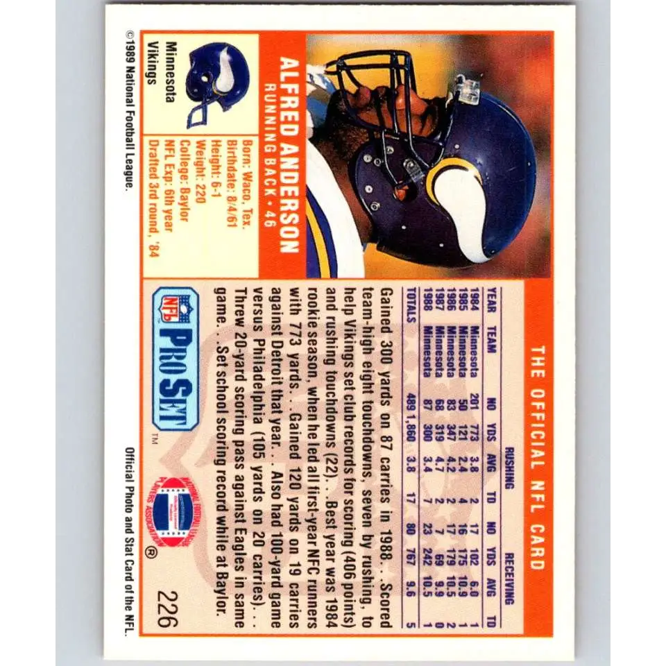 1989 Pro Set #226 Alfred Anderson NM-MT Minnesota Vikings Football Card Image 2