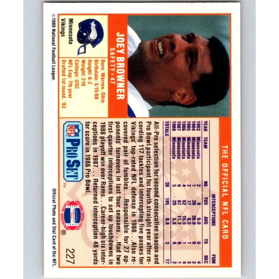 1989 Pro Set #227 Joey Browner NM-MT Minnesota Vikings Football Card Image 2