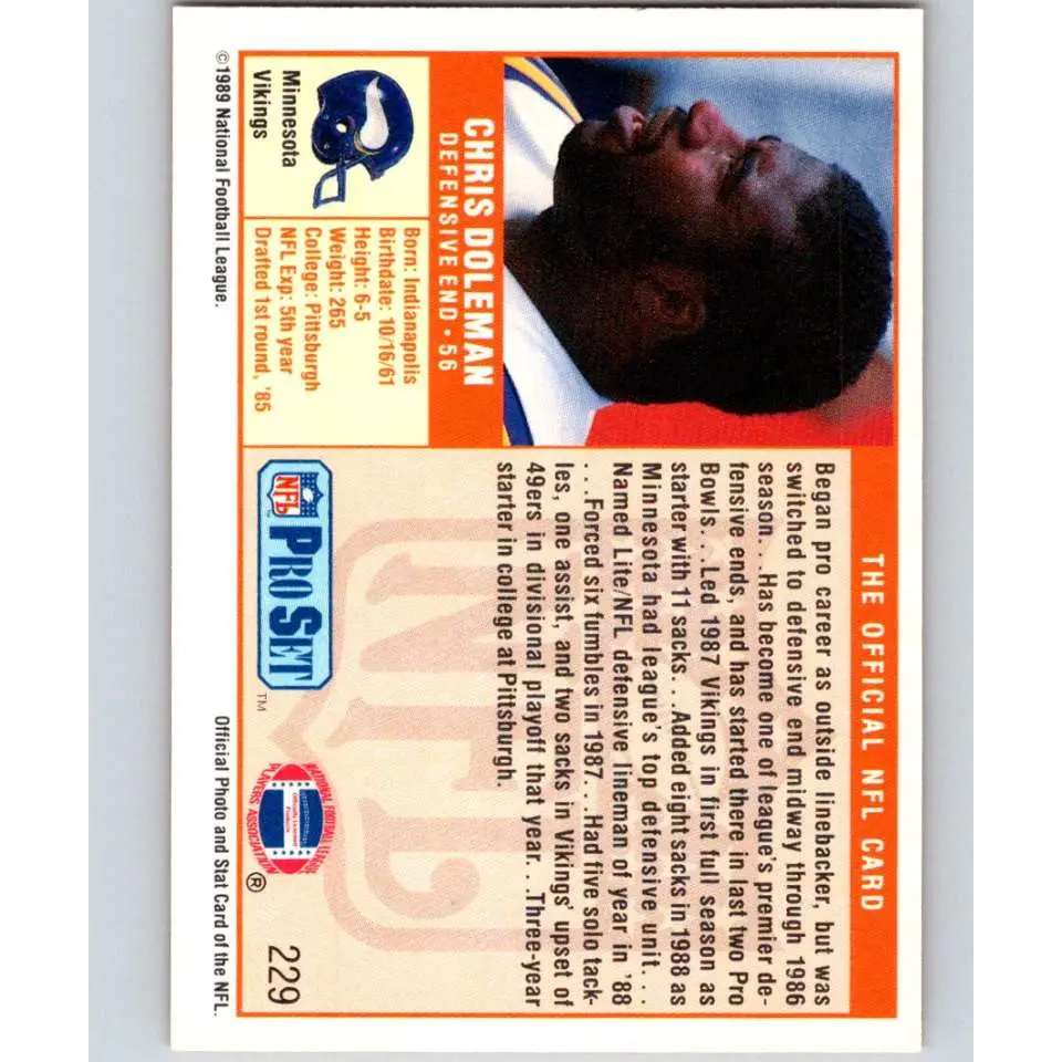 1989 Pro Set #229 Chris Doleman NM-MT Minnesota Vikings Football Card Image 2