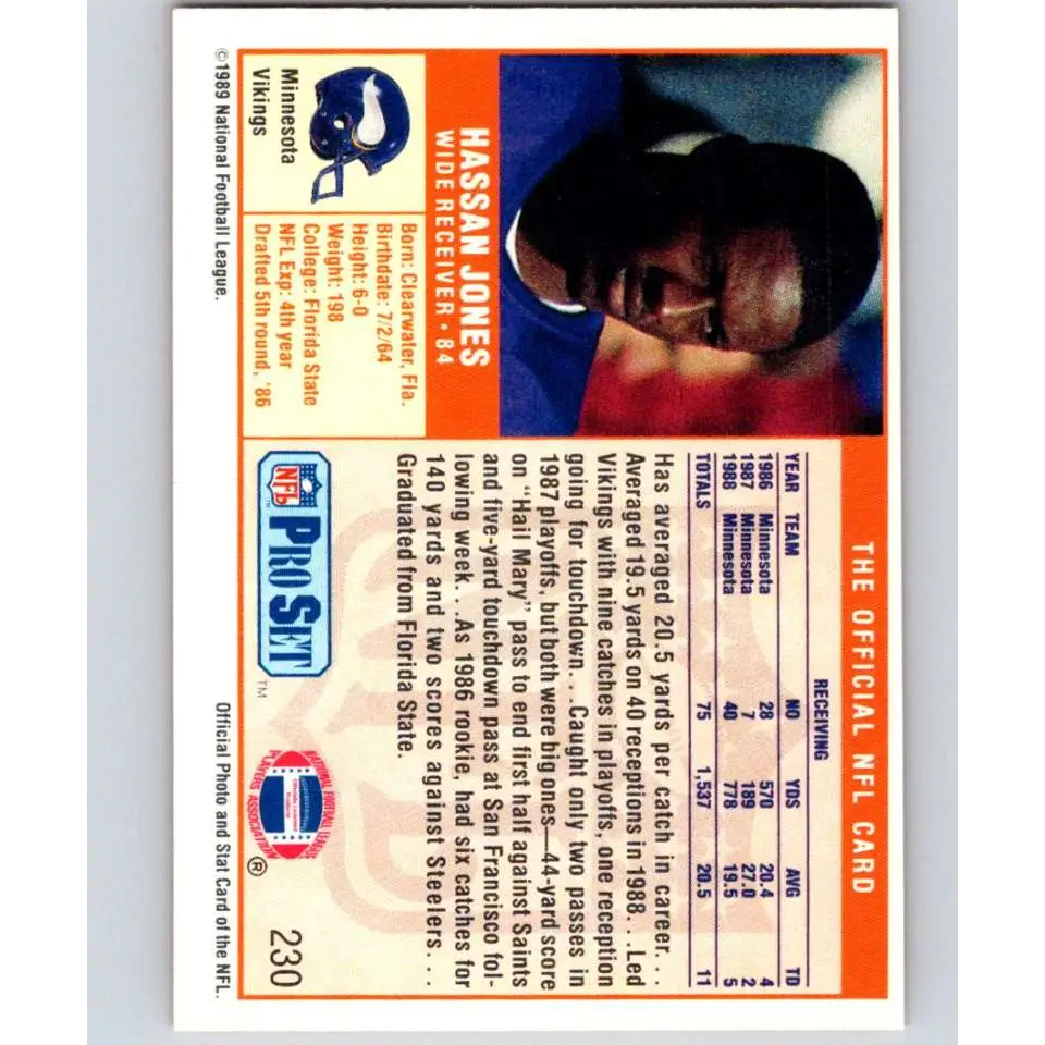 1989 Pro Set #230 Hassan Jones NM-MT RC Rookie Minnesota Vikings Football Card Image 2