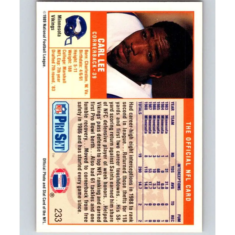 1989 Pro Set #233 Carl Lee NM-MT RC Rookie Minnesota Vikings Football Card Image 2