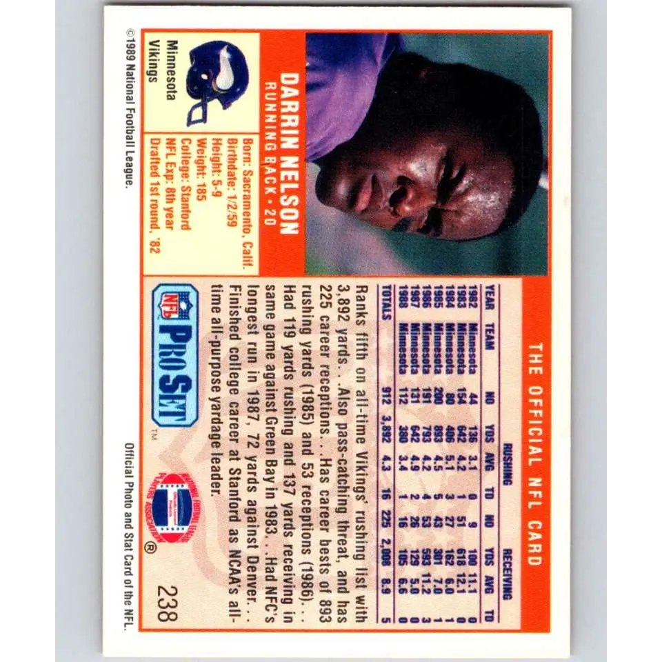 1989 Pro Set #238 Darrin Nelson NM-MT Minnesota Vikings Football Card Image 2