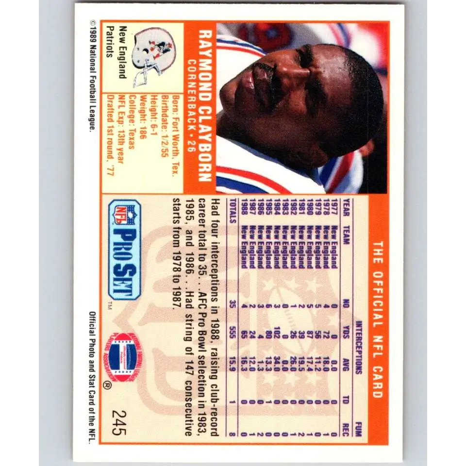 1989 Pro Set #245 Raymond Clayborn NM-MT New England Patriots Football Card Image 2
