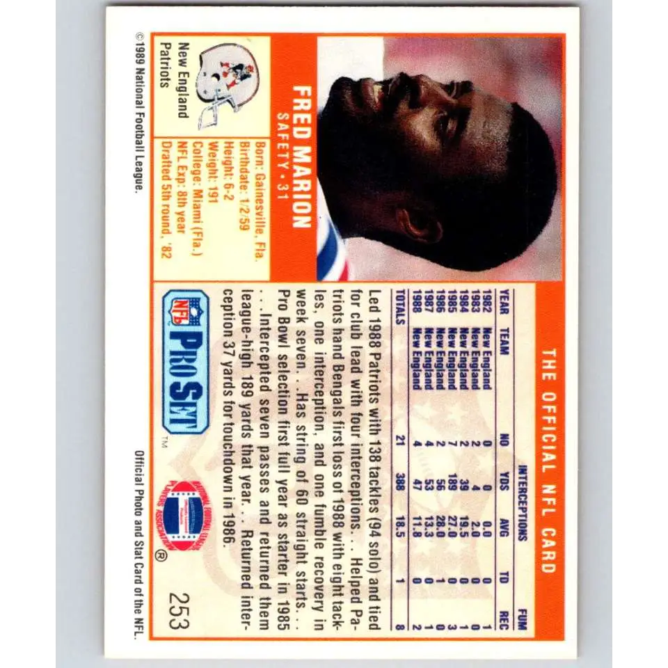 1989 Pro Set #253 Fred Marion NM-MT New England Patriots Football Card Image 2