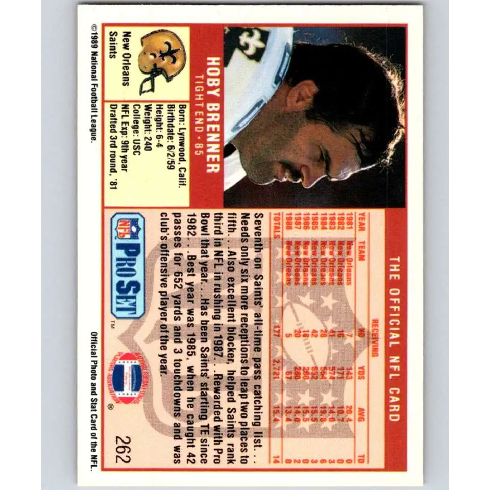 1989 Pro Set #262 Hoby Brenner NM-MT New Orleans Saints Football Card Image 2
