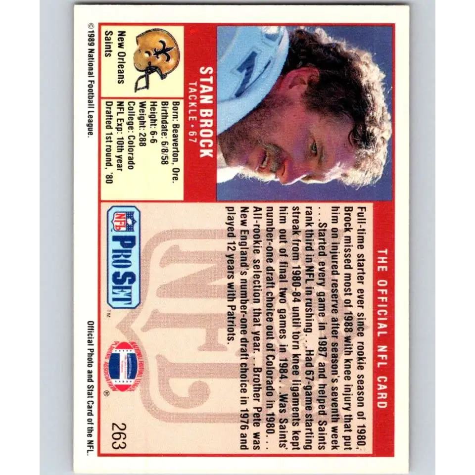 1989 Pro Set #263 Stan Brock NM-MT New Orleans Saints Football Card Image 2