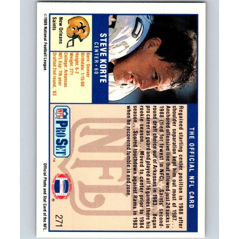 1989 Pro Set #271 Steve Korte NM-MT New Orleans Saints Football Card Image 2