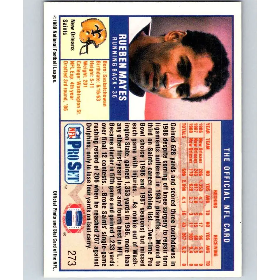 1989 Pro Set #273 Rueben Mayes NM-MT New Orleans Saints Football Card Image 2