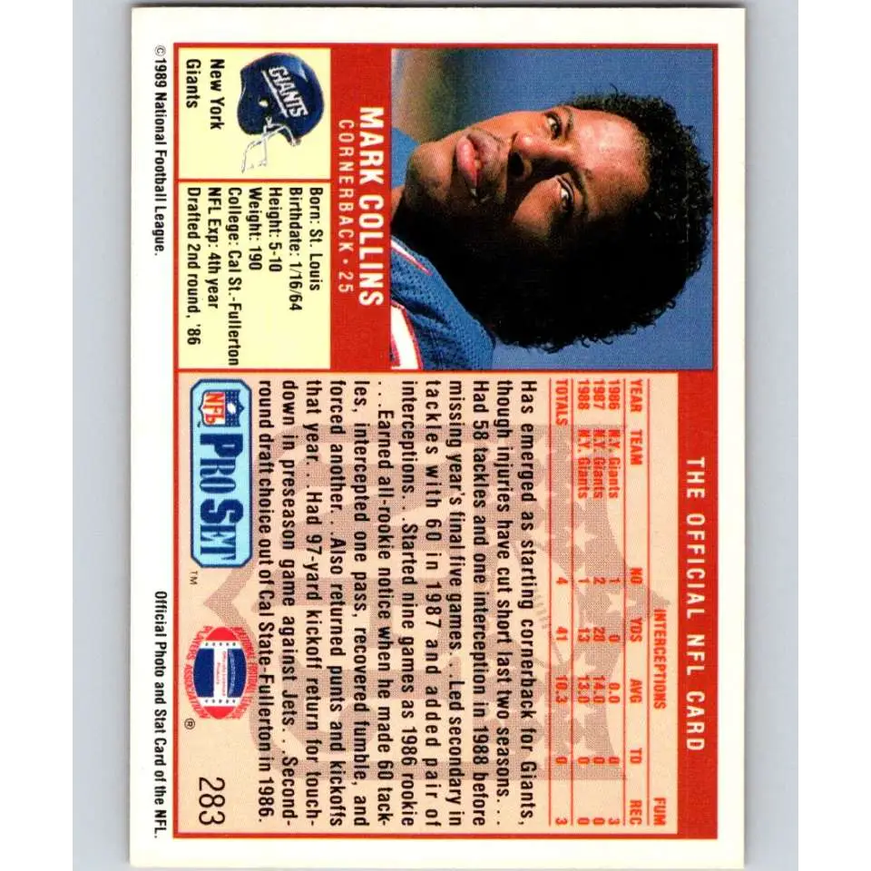 1989 Pro Set #283 Mark Collins NM-MT RC Rookie New York Giants Football Card Image 2