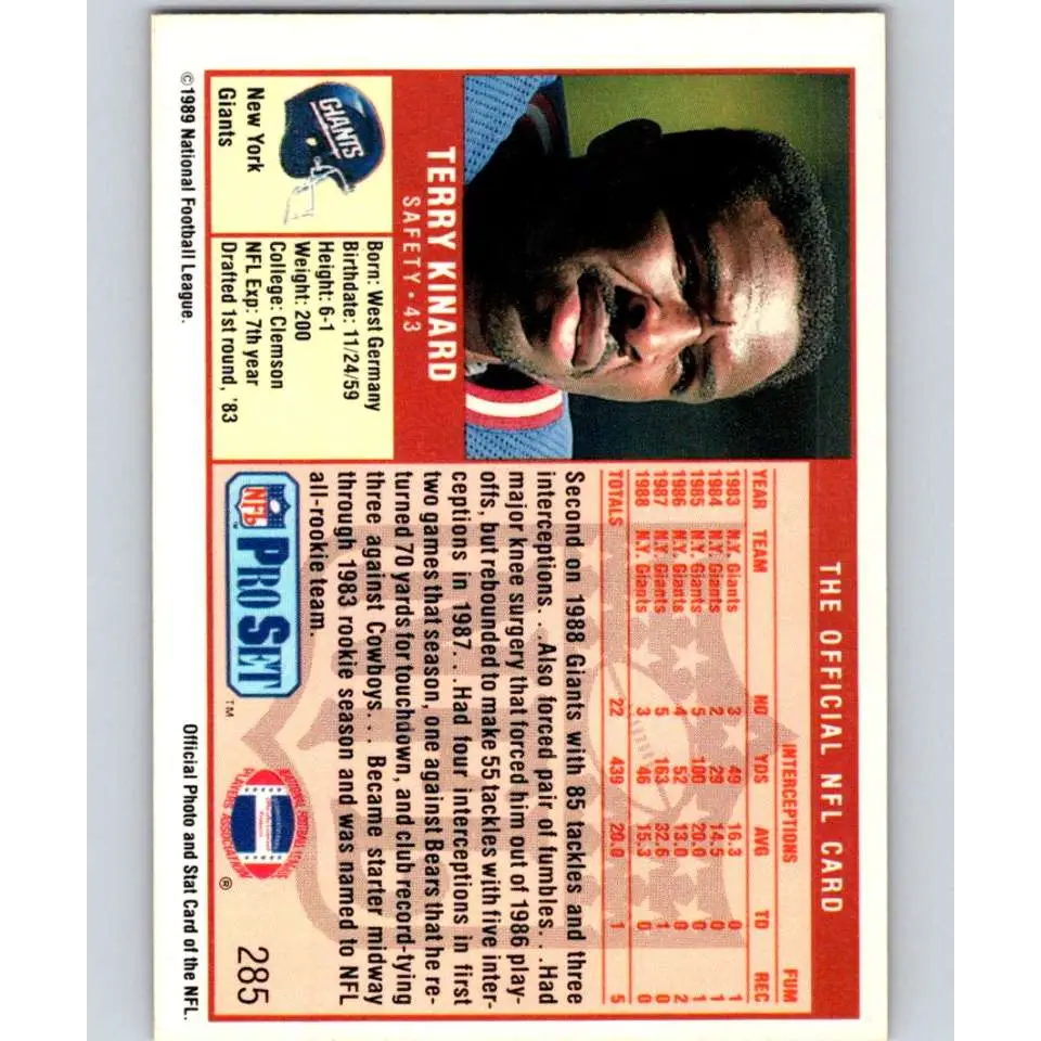 1989 Pro Set #285 Terry Kinard NM-MT New York Giants Football Card Image 2
