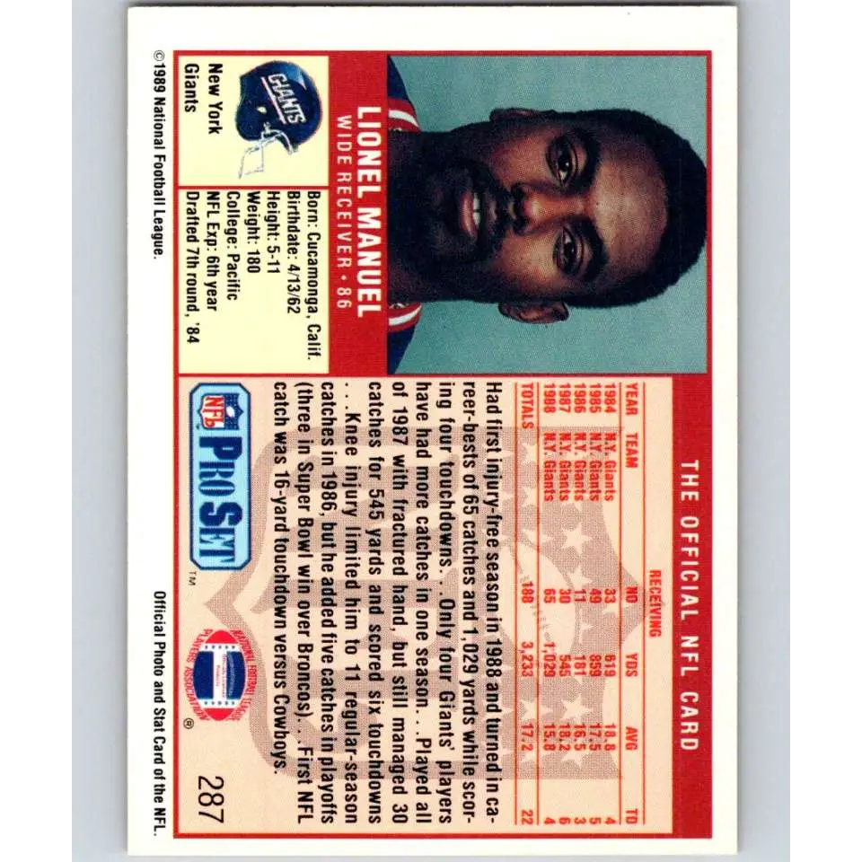 1989 Pro Set #287 Lionel Manuel NM-MT New York Giants Football Card Image 2