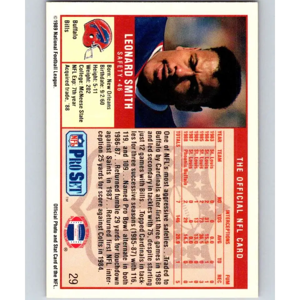 1989 Pro Set #29 Leonard Smith NM-MT Buffalo Bills Football Card Image 2