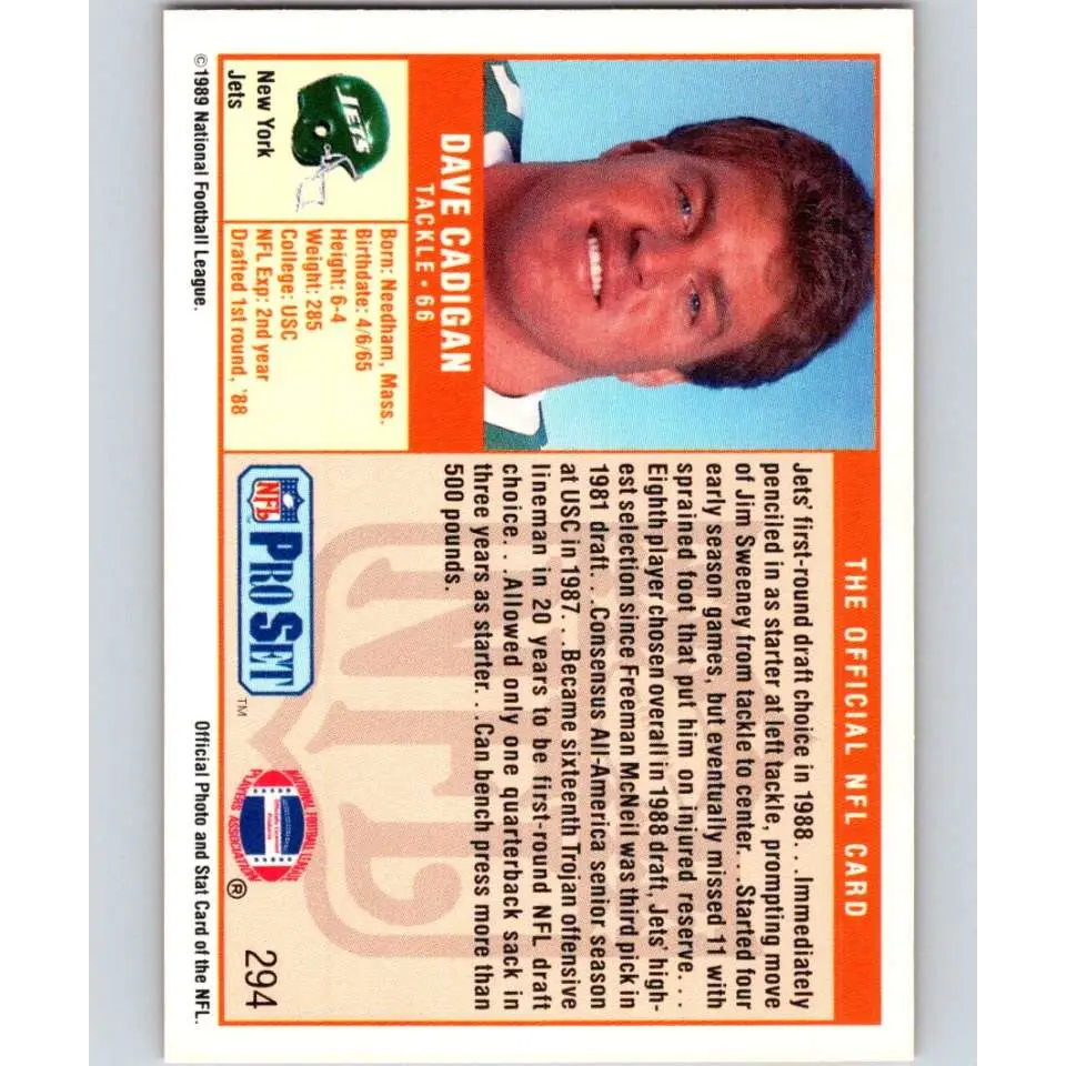 1989 Pro Set #294 Dave Cadigan NM-MT New York Jets Football Card Image 2