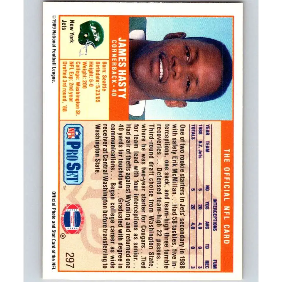 1989 Pro Set #297 James Hasty NM-MT RC Rookie New York Jets Football Card Image 2