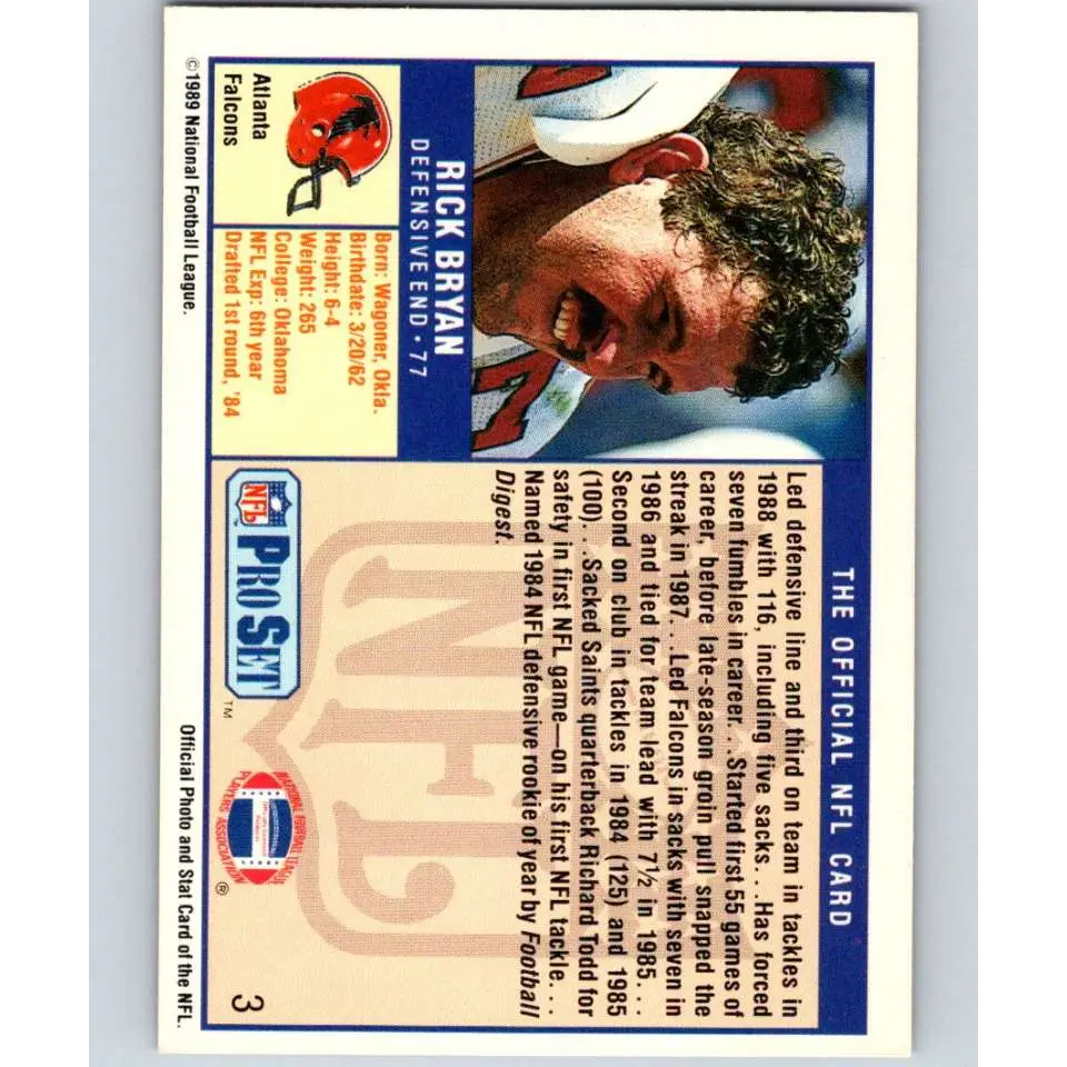 1989 Pro Set #3 Rick Bryan NM-MT Atlanta Falcons Football Card Image 2