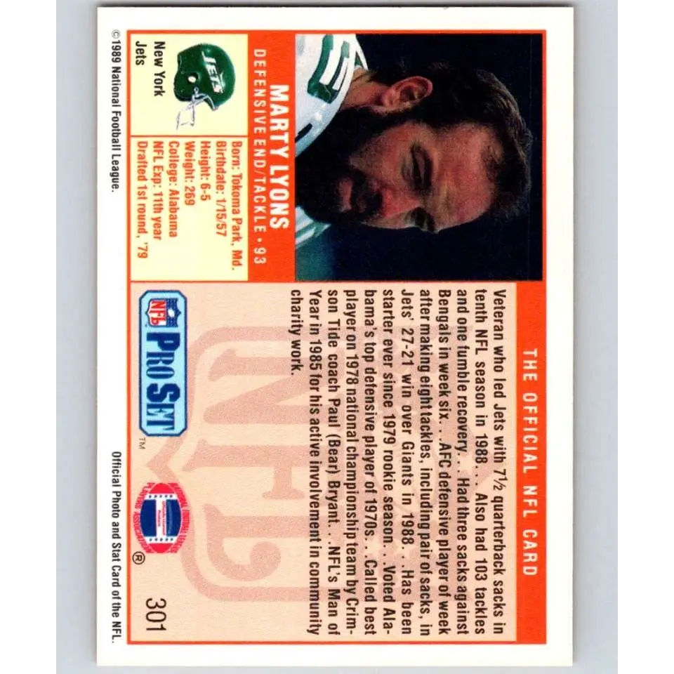 1989 Pro Set #301 Marty Lyons NM-MT New York Jets Football Card Image 2
