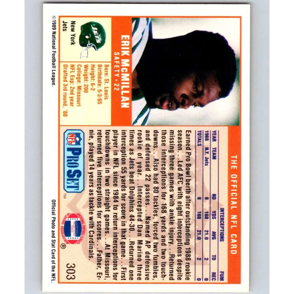 1989 Pro Set #303 Erik McMillan NM-MT RC Rookie New York Jets Football Card Image 2