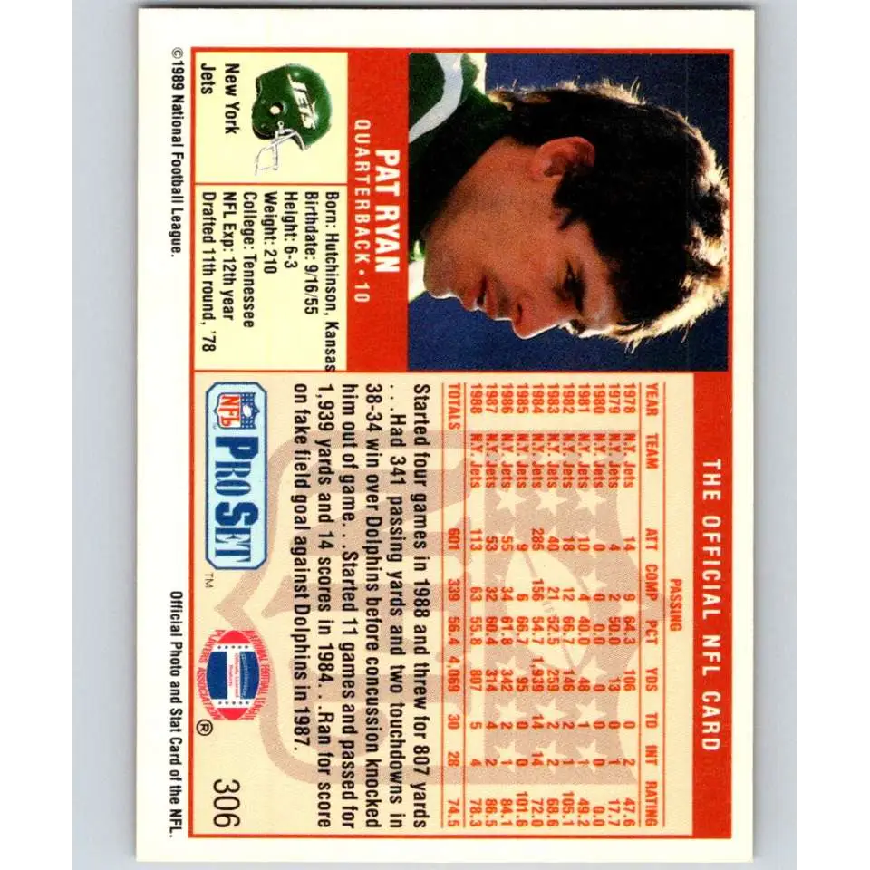 1989 Pro Set #306 Pat Ryan NM-MT New York Jets Football Card Image 2