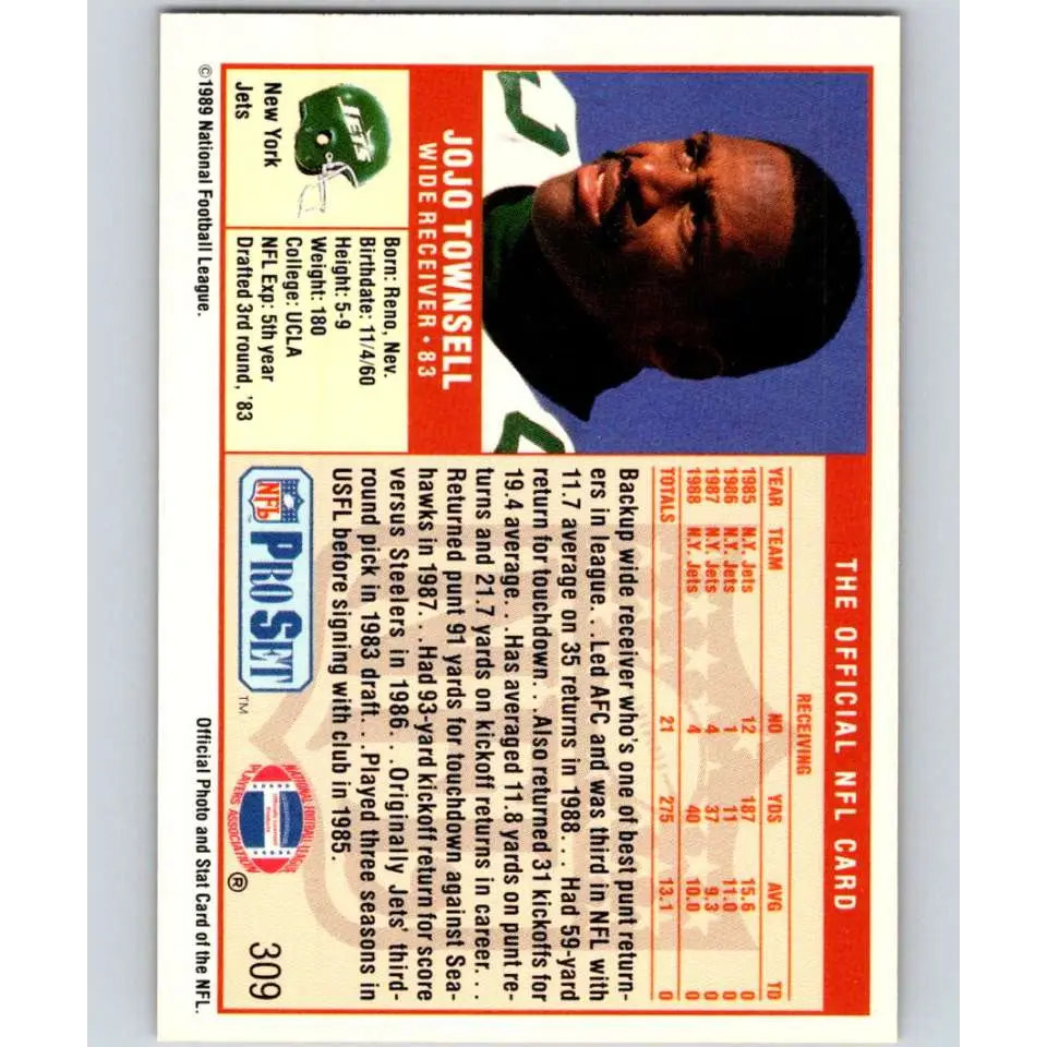1989 Pro Set #309 Jo Jo Townsell NM-MT New York Jets Football Card Image 2