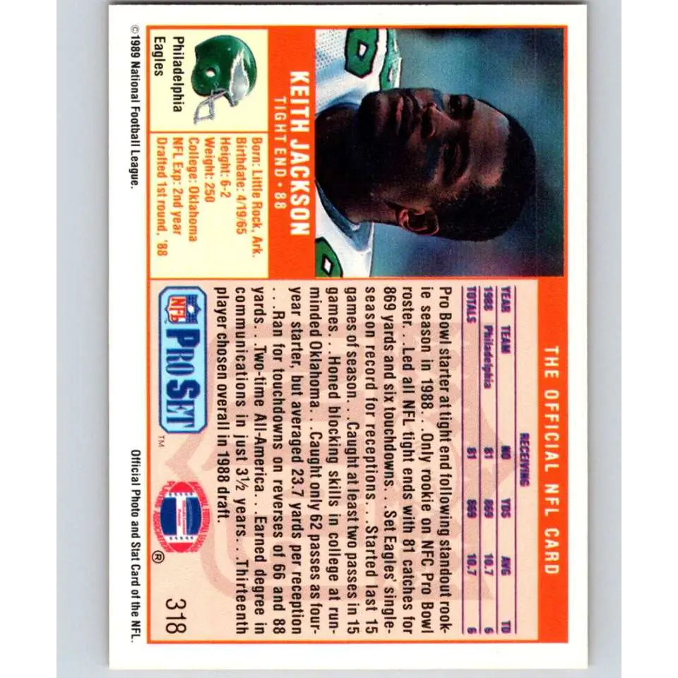 1989 Pro Set #318 Keith Jackson NM-MT RC Rookie Philadelphia Eagles Football Card Image 2