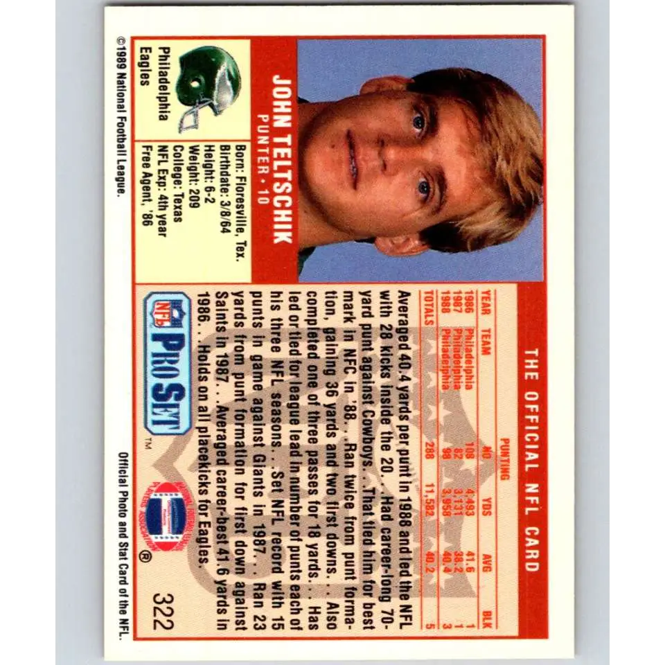 1989 Pro Set #322 John Teltschik NM-MT Philadelphia Eagles Football Card Image 2