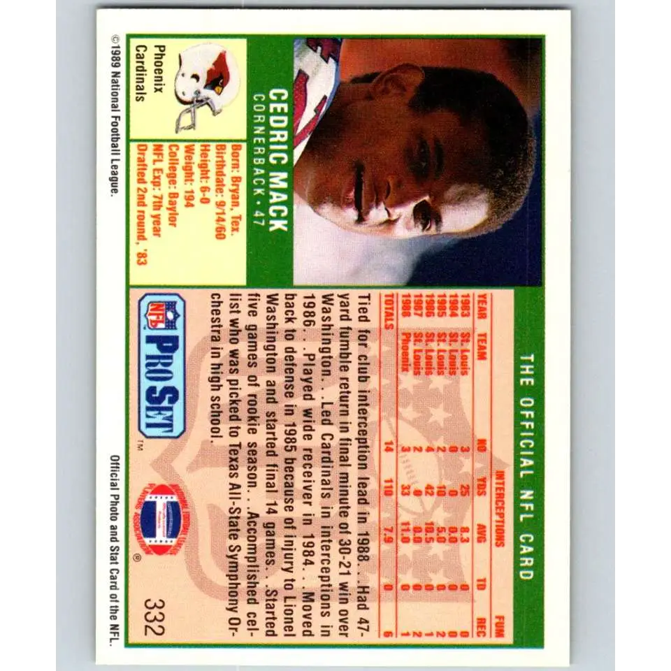 1989 Pro Set #332 Cedric Mack NM-MT Phoenix Cardinals Football Card Image 2