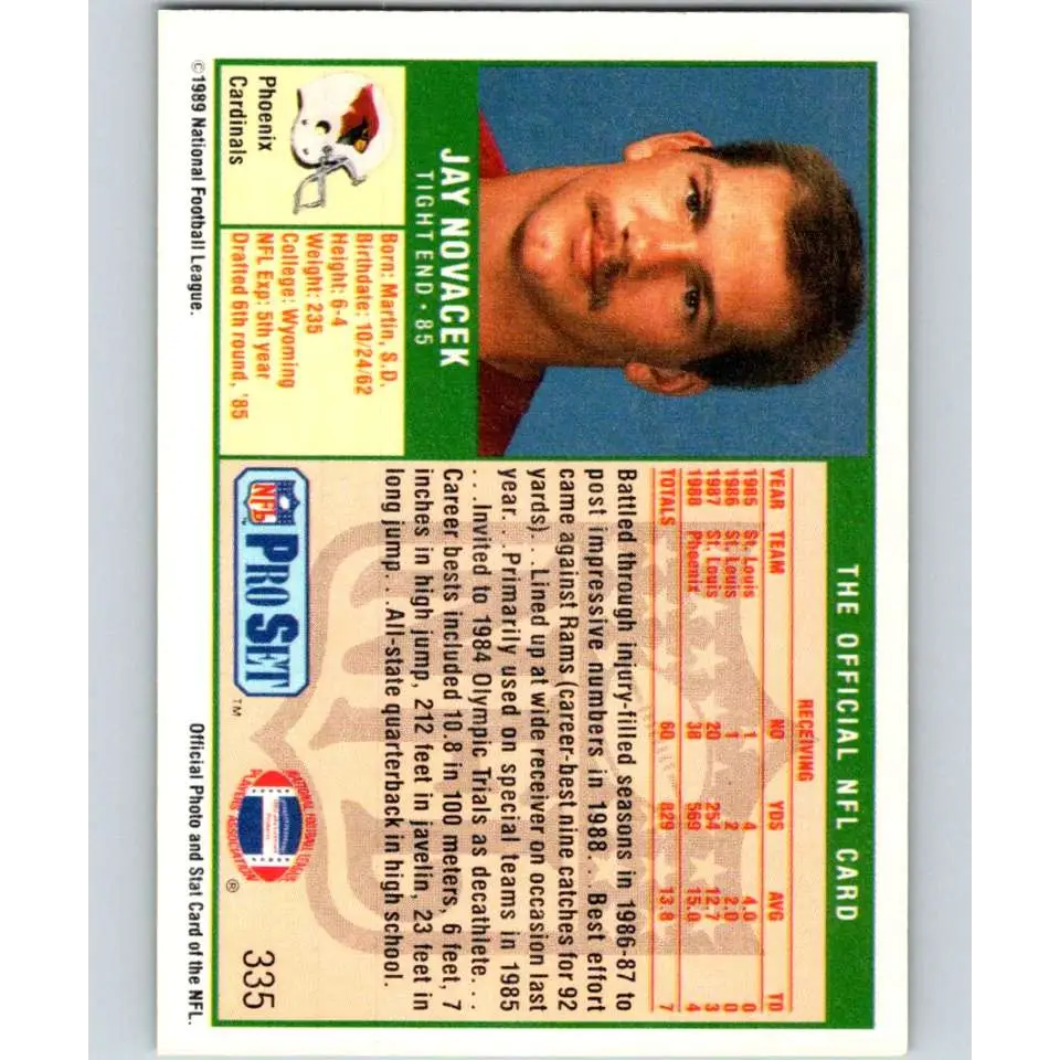 1989 Pro Set #335 Jay Novacek NM-MT RC Rookie Phoenix Cardinals Football Card Image 2