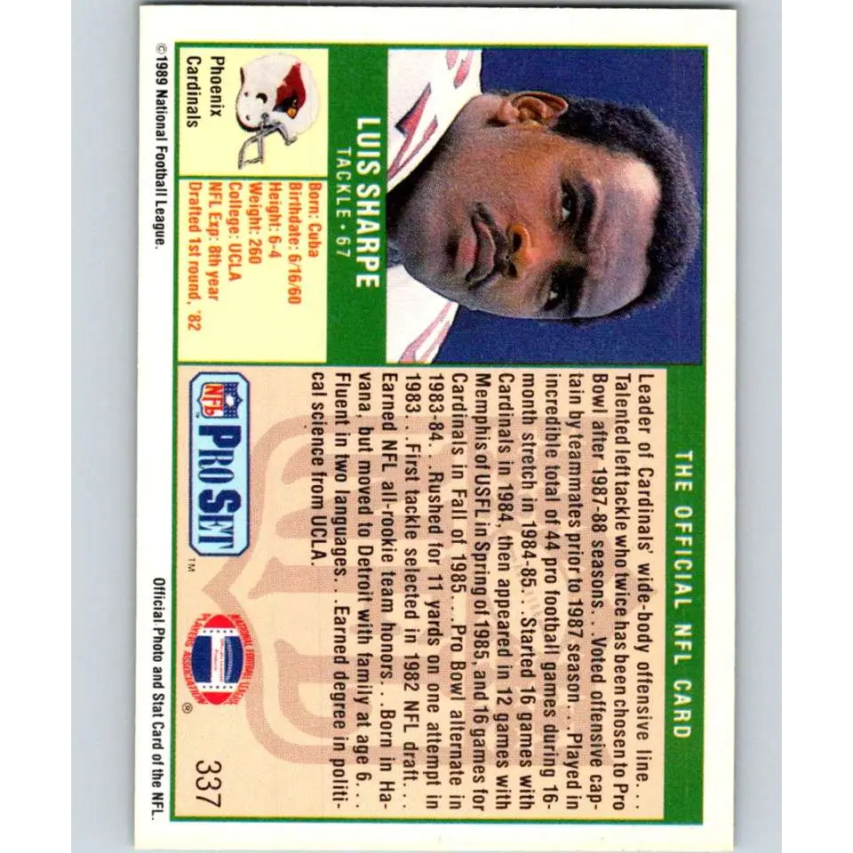 1989 Pro Set #337 Luis Sharpe NM-MT Phoenix Cardinals Football Card Image 2