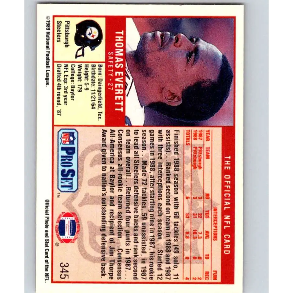 1989 Pro Set #345 Thomas Everett NM-MT RC Rookie Pittsburgh Steelers Football Card Image 2