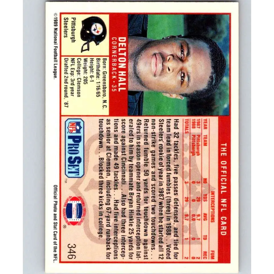 1989 Pro Set #346 Delton Hall NM-MT RC Rookie Pittsburgh Steelers Football Card Image 2