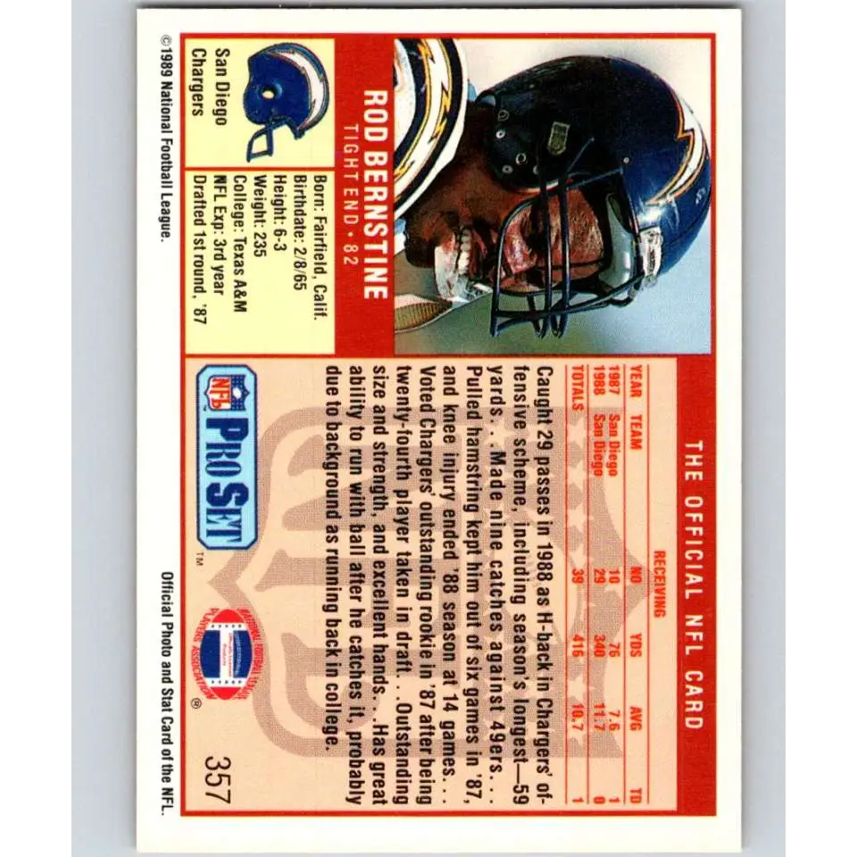1989 Pro Set #357 Rod Bernstine NM-MT RC Rookie San Diego Chargers Football Card Image 2
