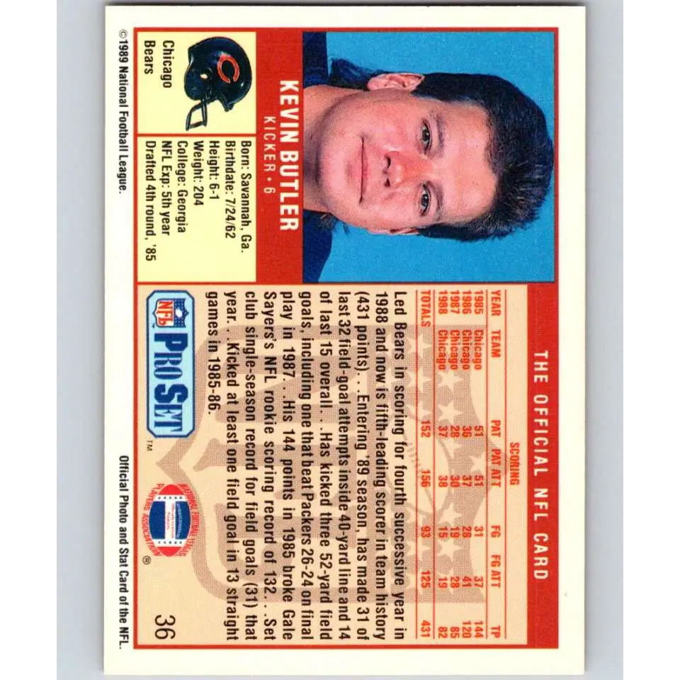 1989 Pro Set #36 Kevin Butler NM-MT Chicago Bears Football Card Image 2