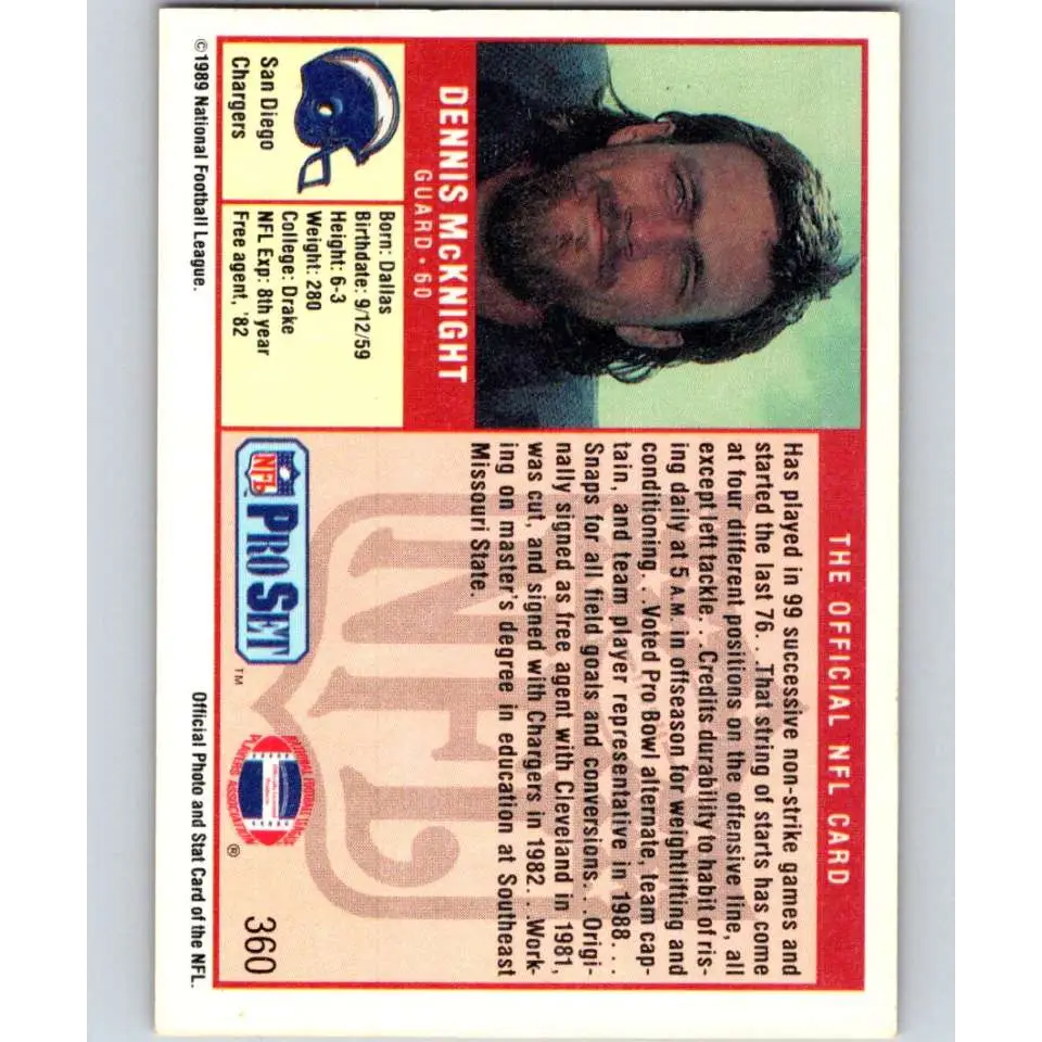 1989 Pro Set #360 Dennis McKnight NM-MT San Diego Chargers Football Card Image 2