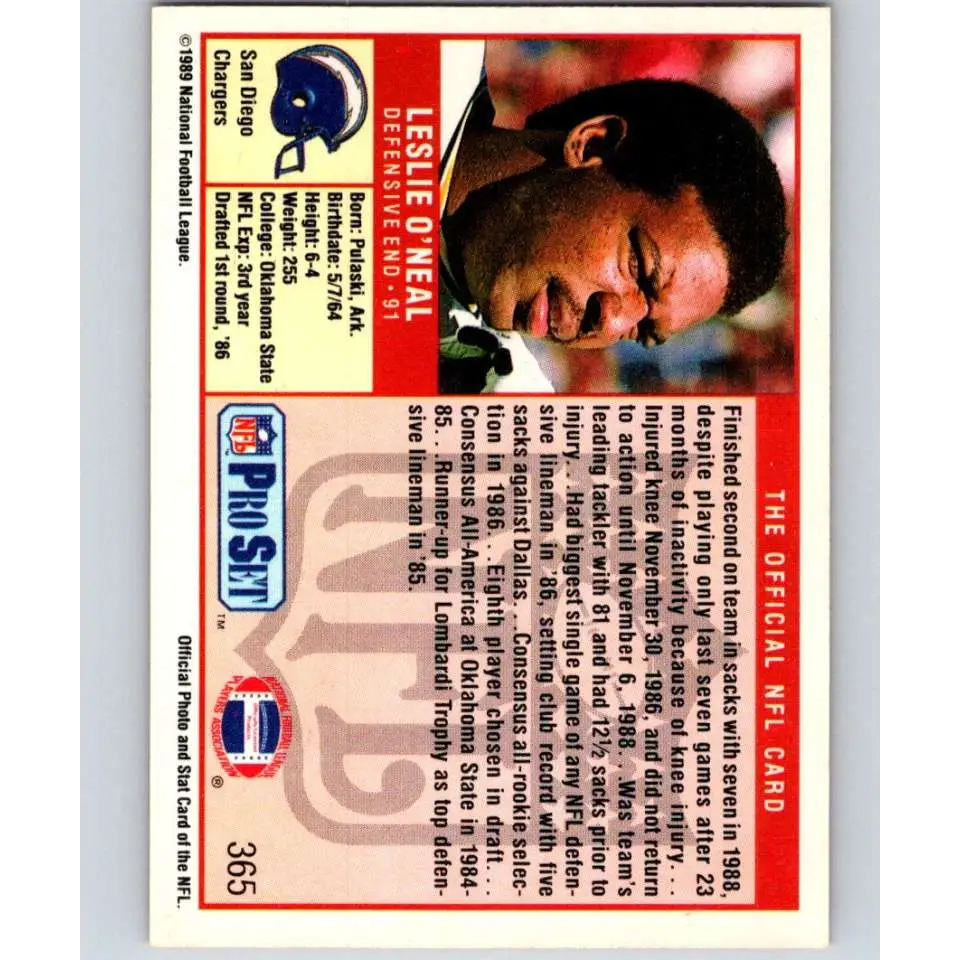 1989 Pro Set #365 Leslie O'Neal NM-MT San Diego Chargers Football Card Image 2