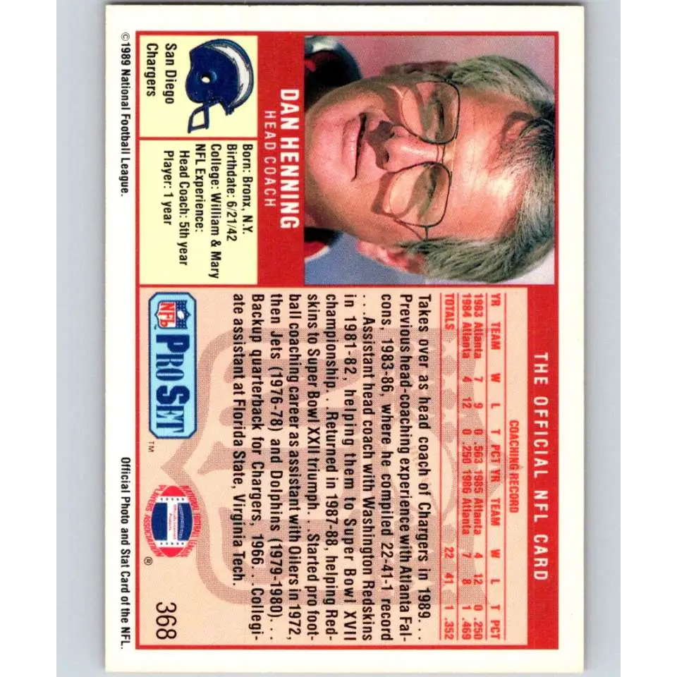 1989 Pro Set #368 Dan Henning CO NM-MT San Diego Chargers Football Card Image 2