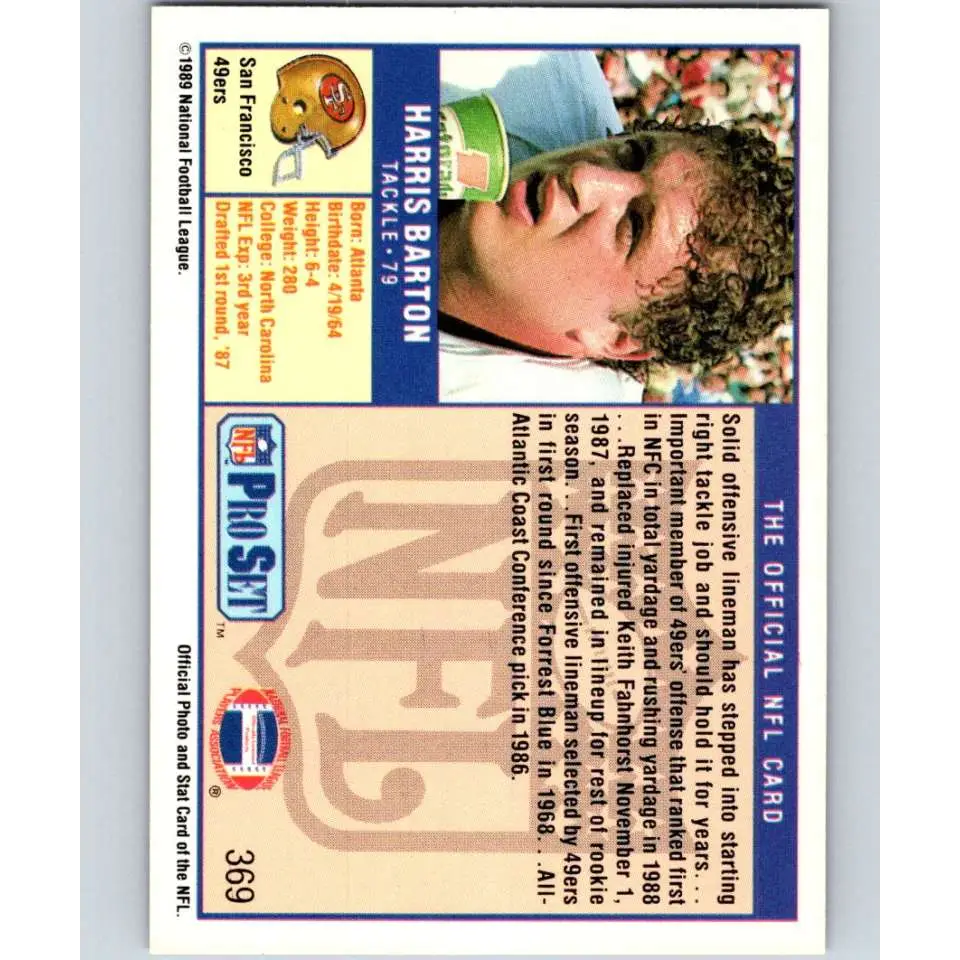 1989 Pro Set #369 Harris Barton NM-MT RC Rookie San Francisco 49ers Football Card Image 2