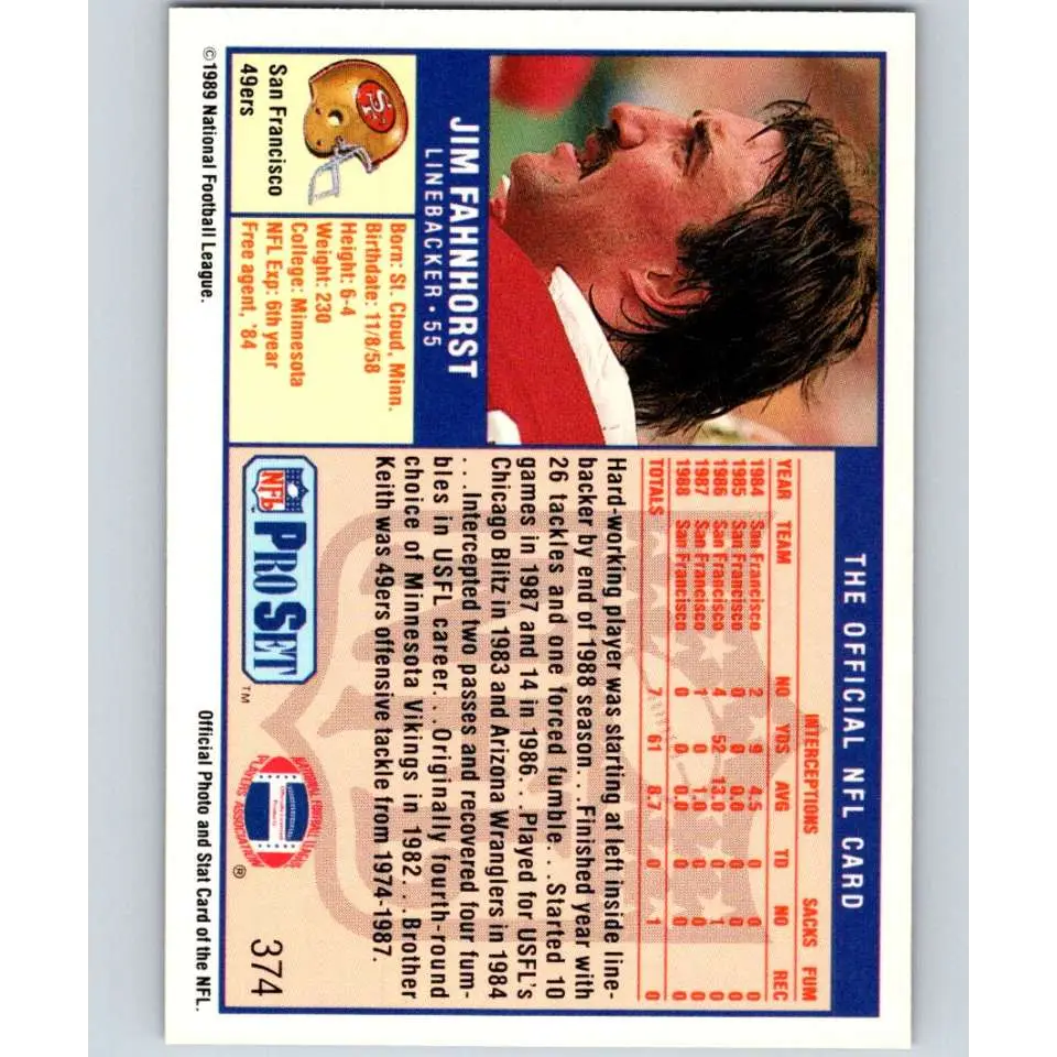 1989 Pro Set #374 Jim Fahnhorst NM-MT San Francisco 49ers Football Card Image 2