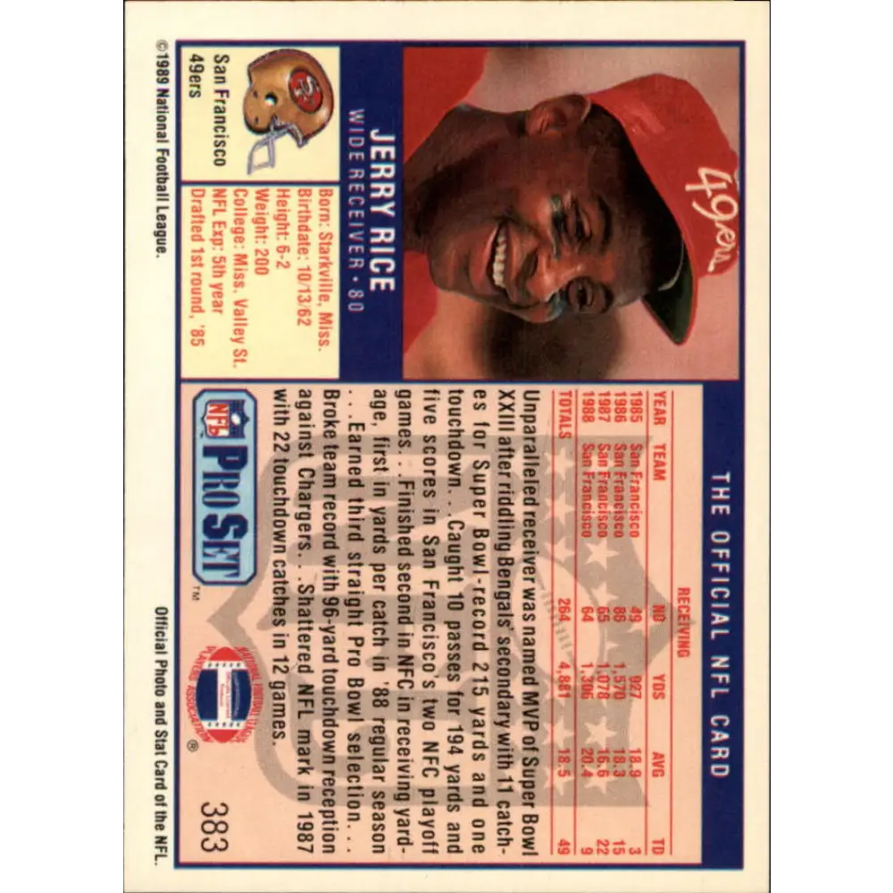 1989 Pro Set #383 Jerry Rice NM-MT San Francisco 49ers Football Card Image 2