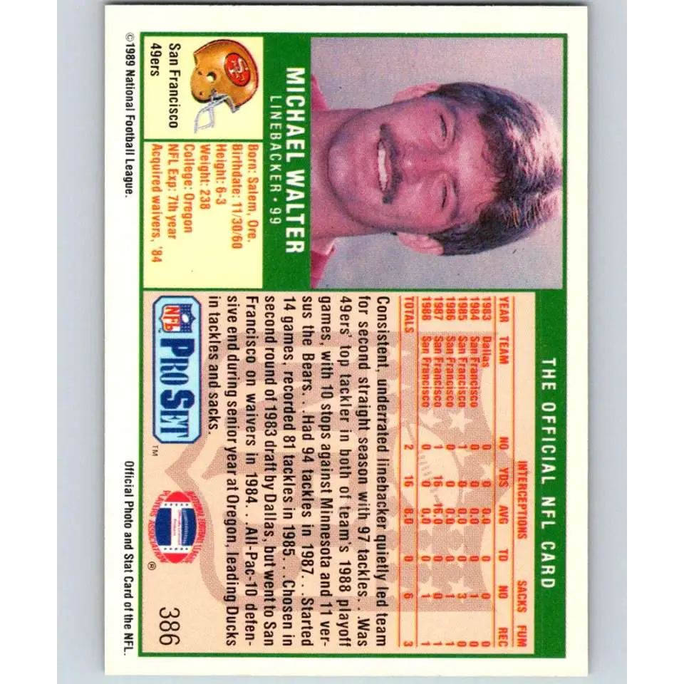 1989 Pro Set #386 Michael Walter NM-MT San Francisco 49ers Football Card Image 2