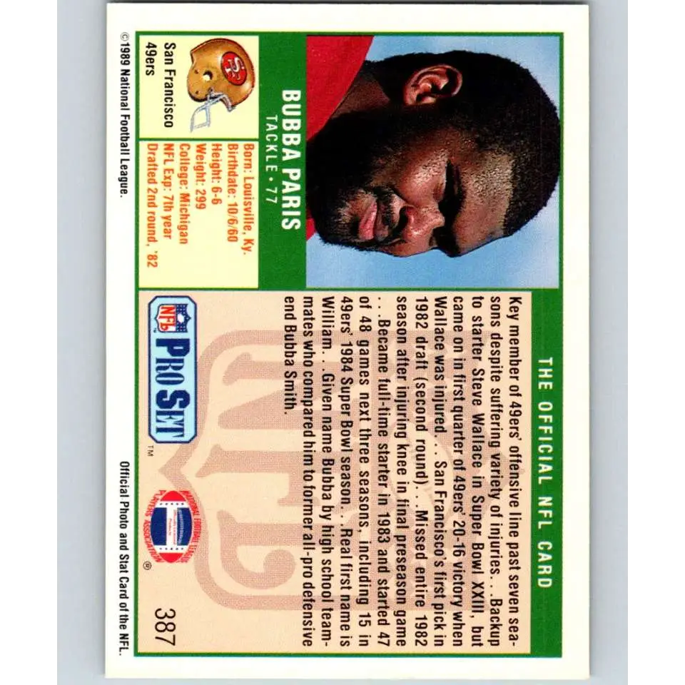 1989 Pro Set #387 Bubba Paris NM-MT San Francisco 49ers Football Card Image 2