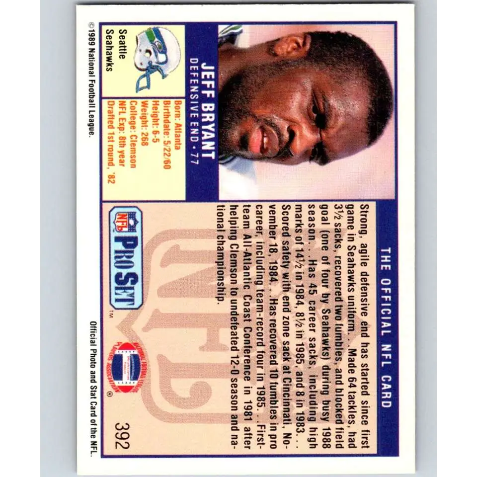 1989 Pro Set #392 Jeff Bryant NM-MT Seattle Seahawks Football Card Image 2