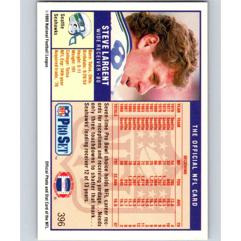 1989 Pro Set #396 Steve Largent NM-MT Seattle Seahawks Football Card Image 2