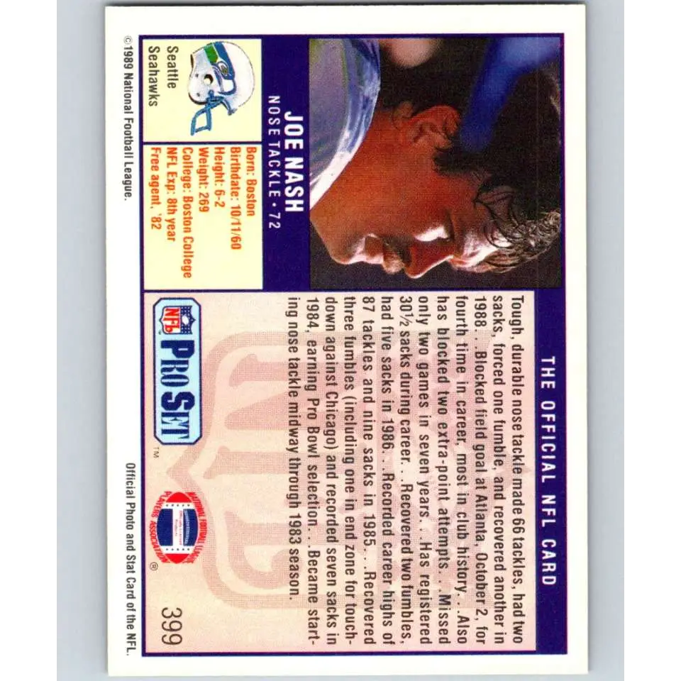 1989 Pro Set #399 Joe Nash NM-MT Seattle Seahawks Football Card Image 2
