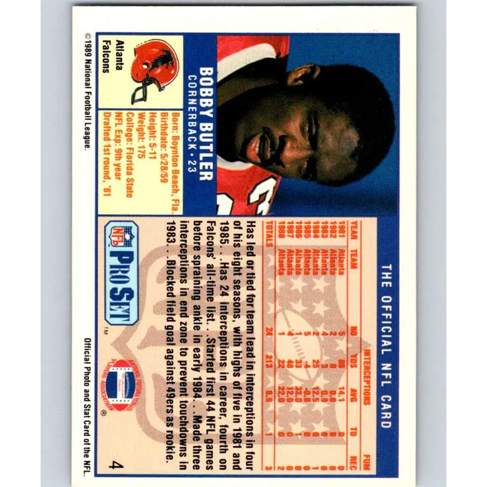 1989 Pro Set #4 Bobby Butler NM-MT Atlanta Falcons Football Card Image 2