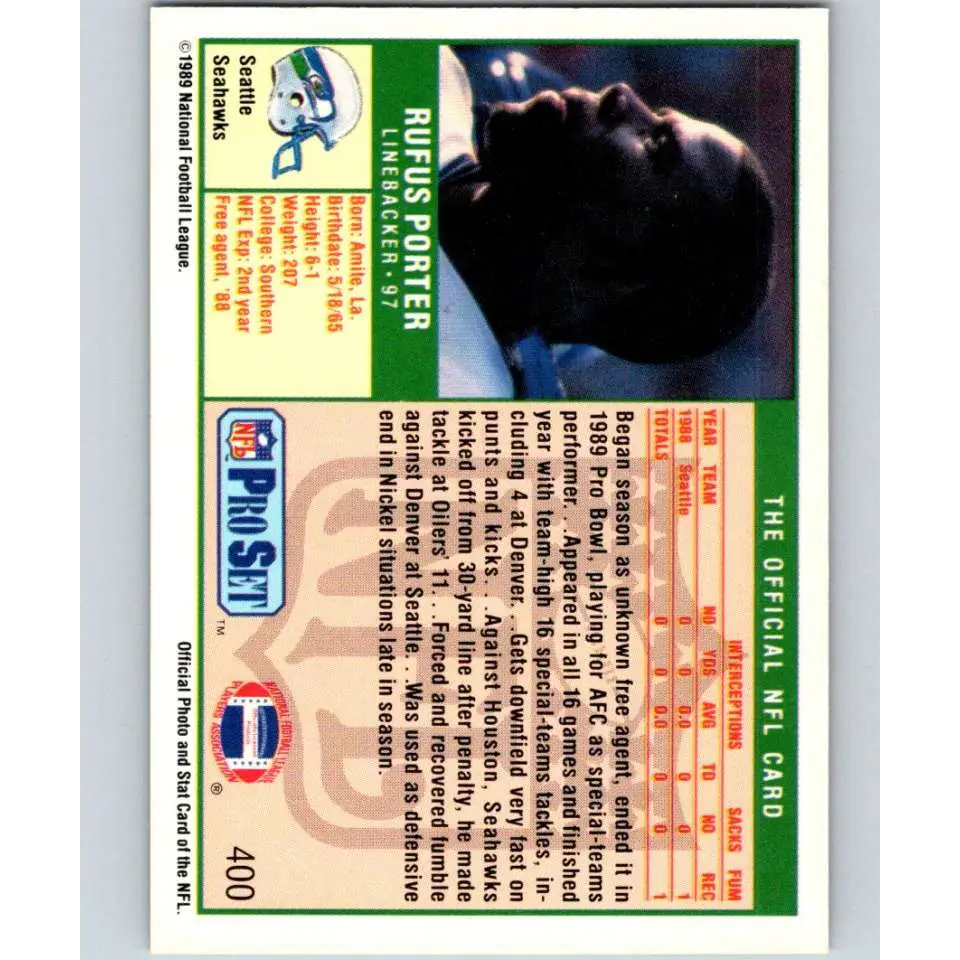 1989 Pro Set #400 Rufus Porter NM-MT RC Rookie Seattle Seahawks Football Card Image 2