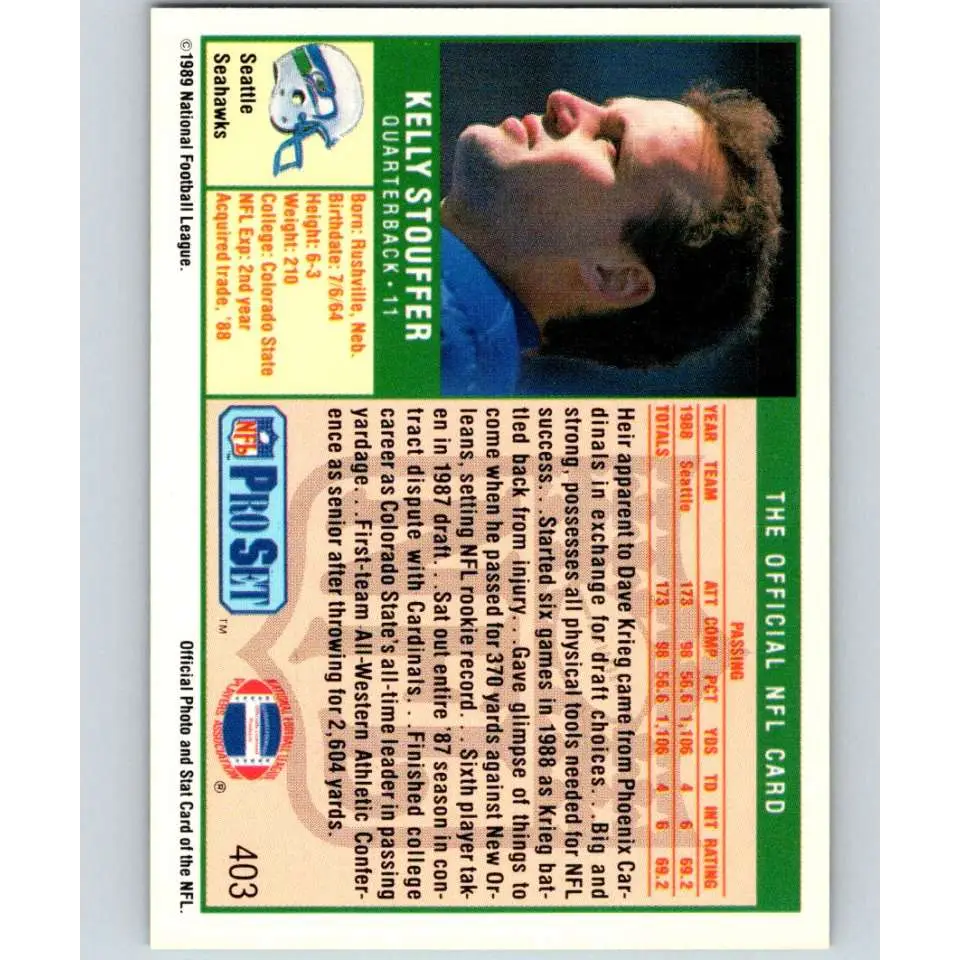 1989 Pro Set #403 Kelly Stouffer NM-MT RC Rookie Seattle Seahawks Football Card Image 2